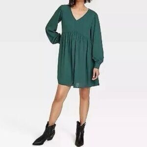 Knox Rose Green Babydoll Mini Dress XL Boho V-Neck Long Sleeve Rayon